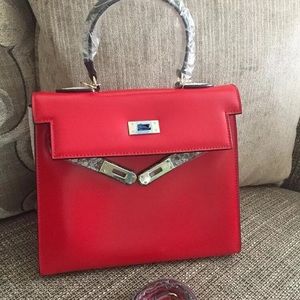 NEW INSPIRED 28CM RED AND GRAY COW LEATHER HANDBAG